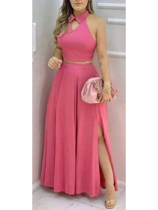 Conjunto Rosa Top Halter y Falda Maxi