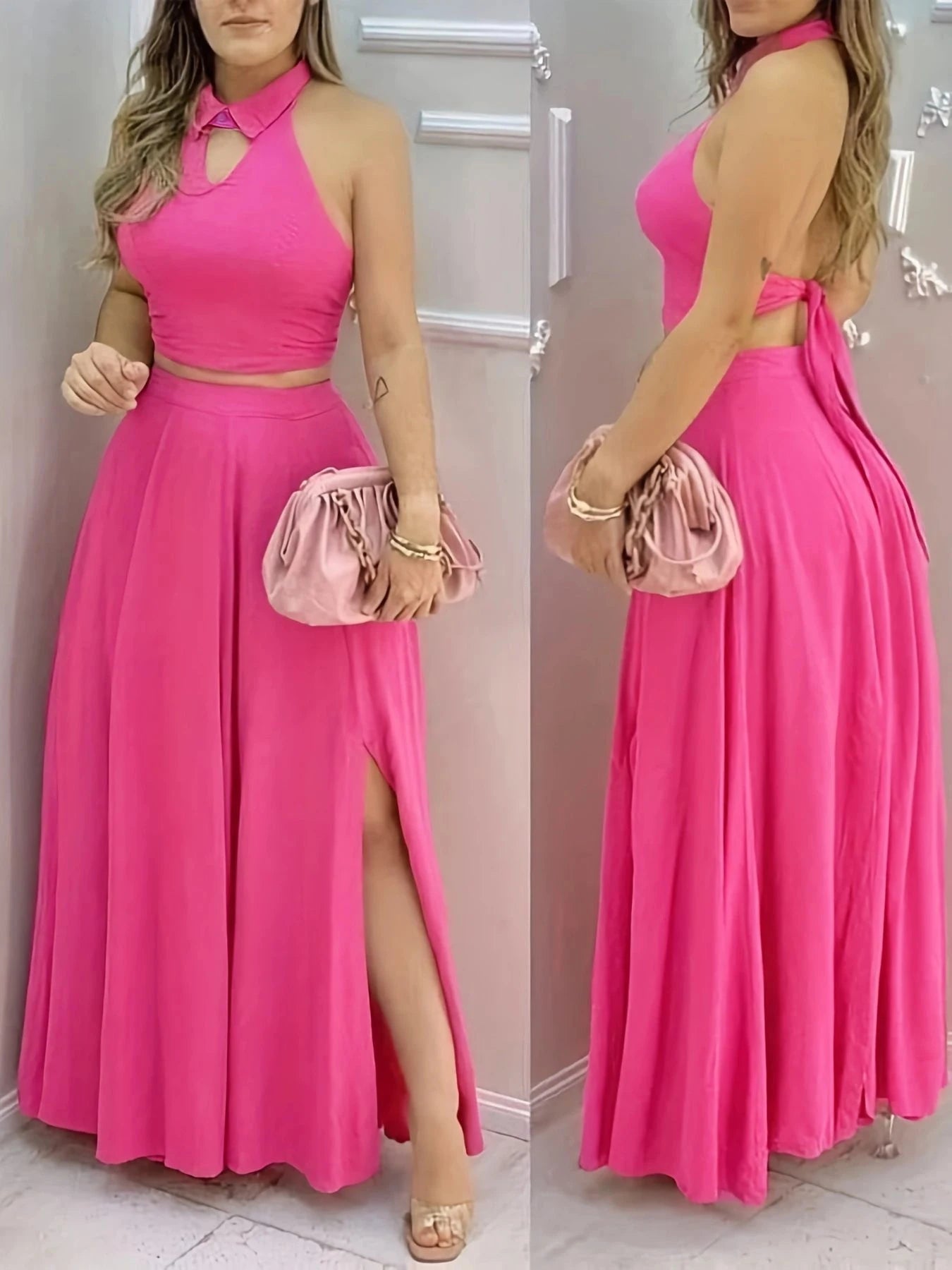 Conjunto Rosa Top Halter y Falda Maxi