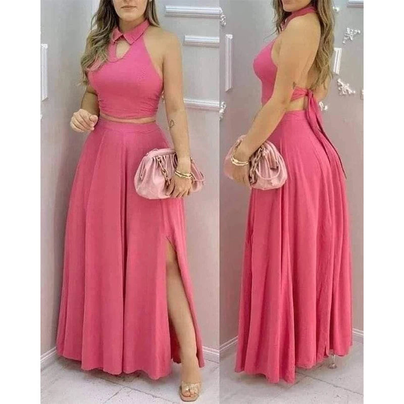 Conjunto Rosa Top Halter y Falda Maxi