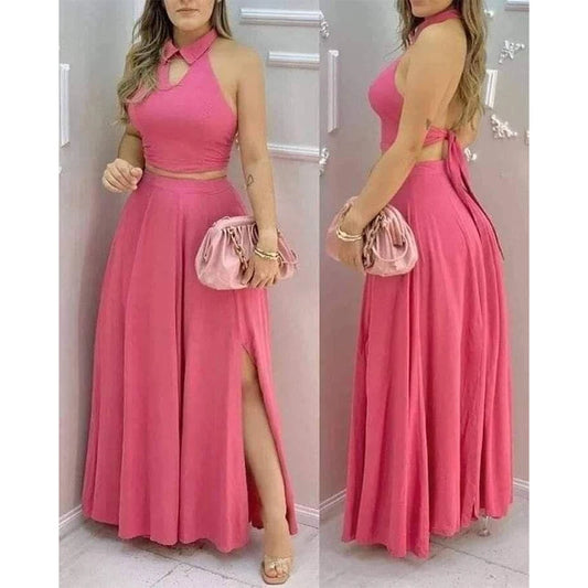 Conjunto Rosa Top Halter y Falda Maxi